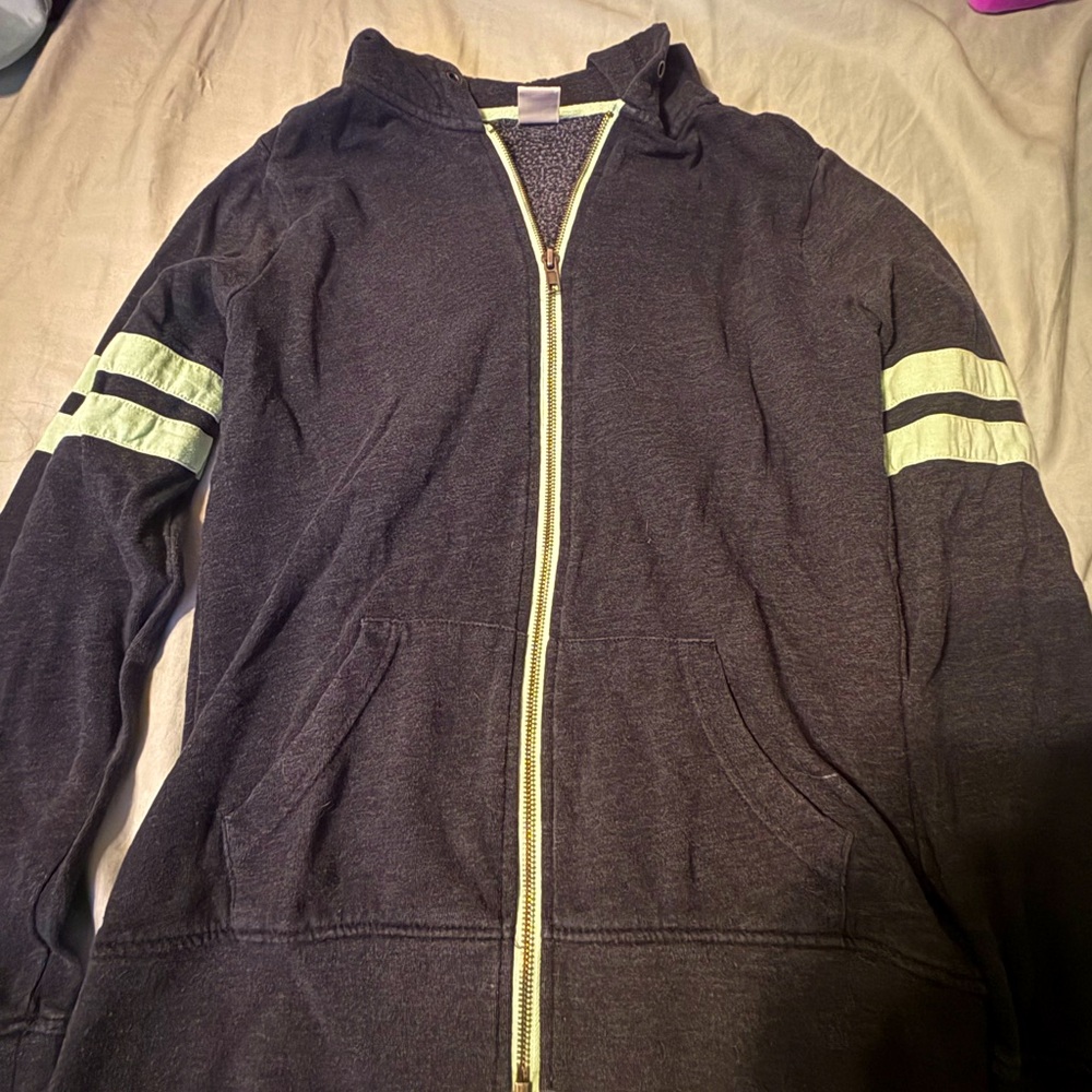 Black Zip-Up Hoodie with Green Stripes